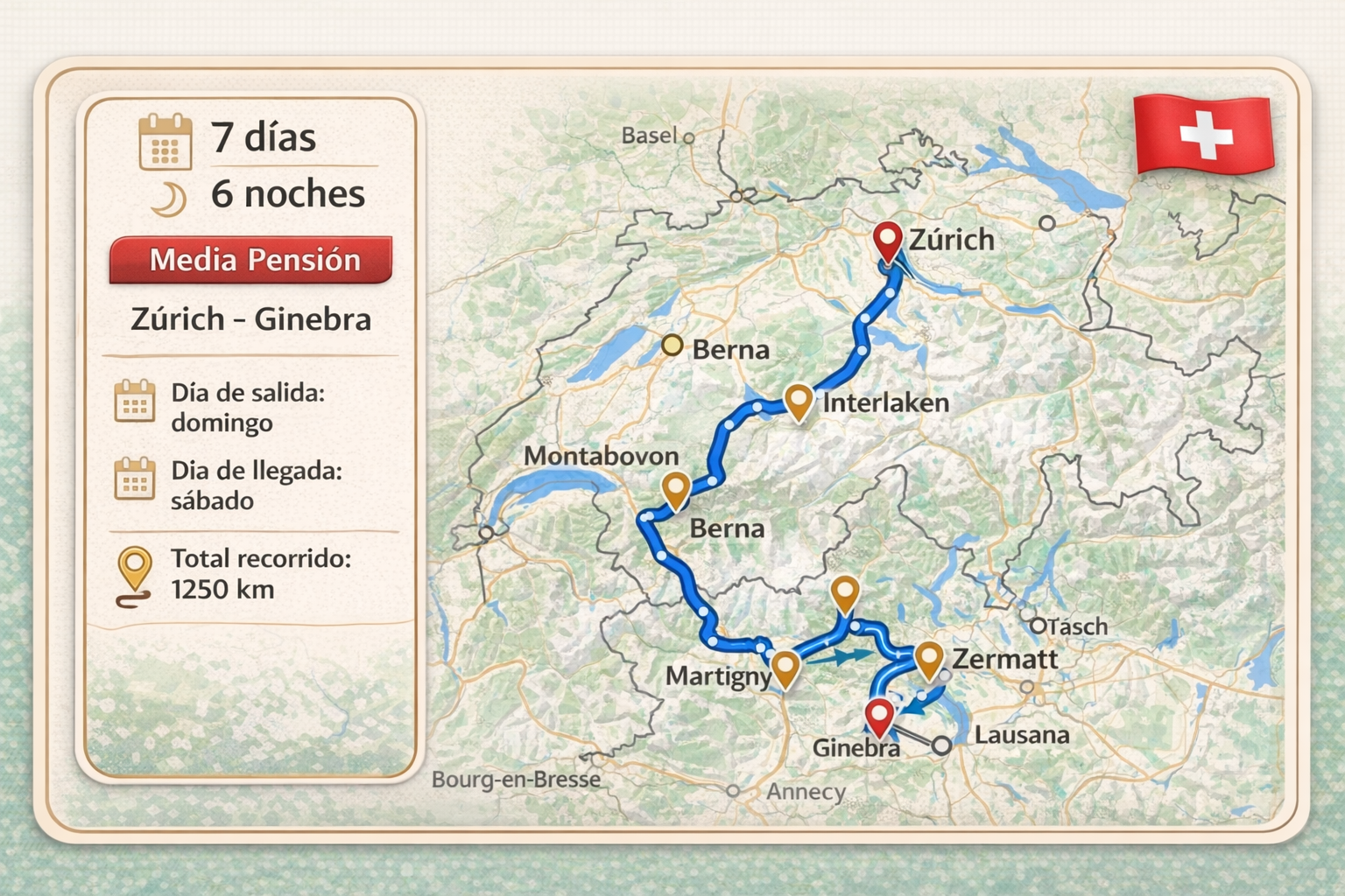 Mapa del viaje Suiza, la reina de los Alpes 2026