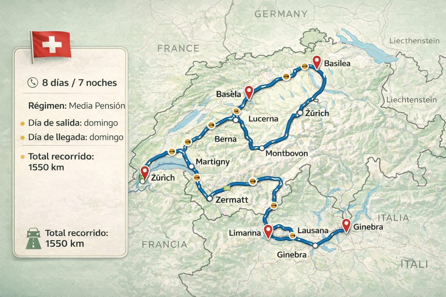 Mapa del viaje Suiza, la reina de los Alpes 2026