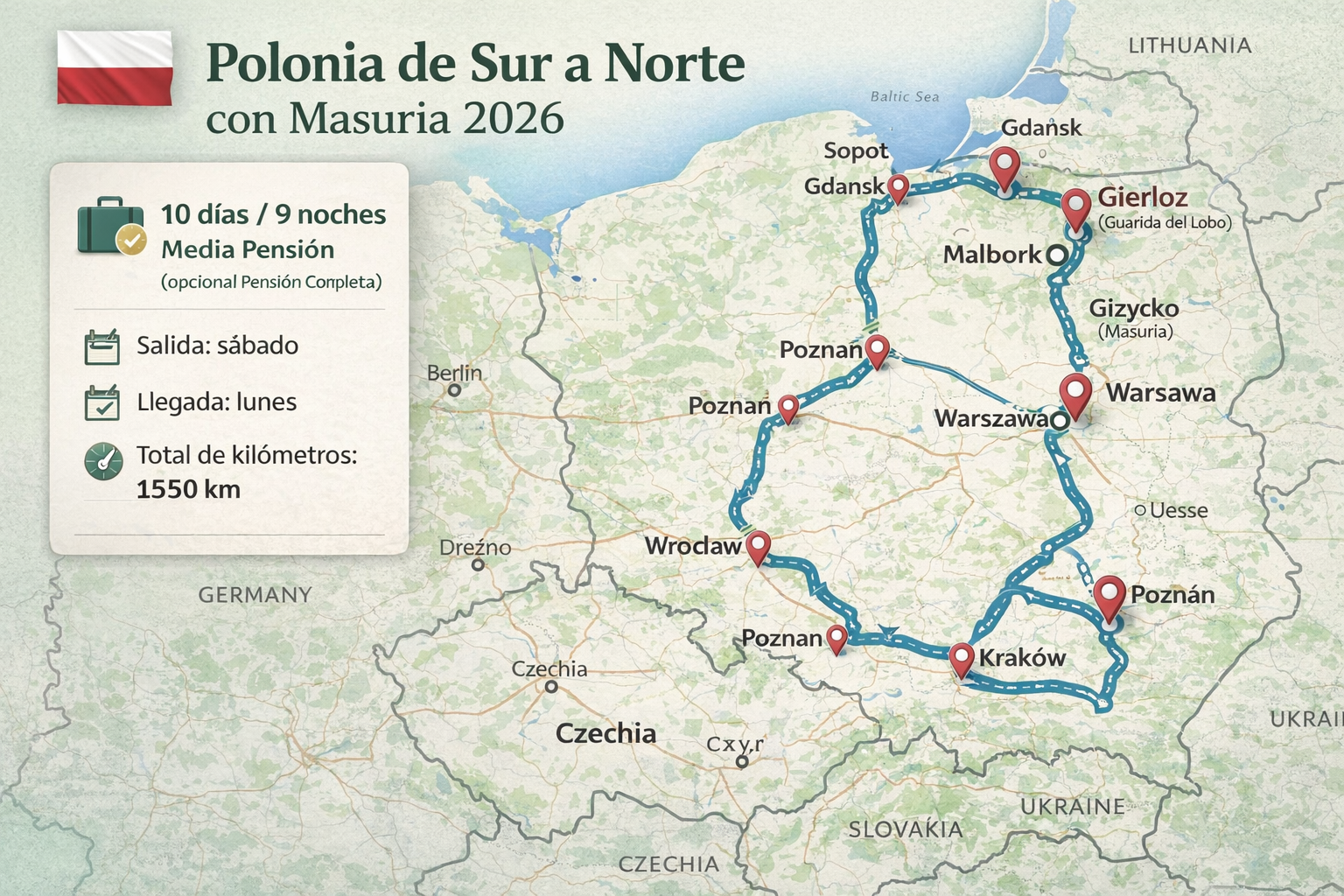 Mapa del viaje Polonia de Sur a Norte con Masuria 2026